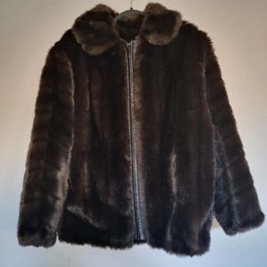 VTG Womens LiILLI ANN Short Coat Faux Fur Leather Trim L/XL Made England Brown